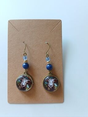 Blue Stone and Stained-Glass Goat Drop Earrings